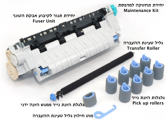 יחידת תחזוקה למדפסות hp הכוללת : תנור ,גליל טעינת העברה וגלגלות הזנת נייר