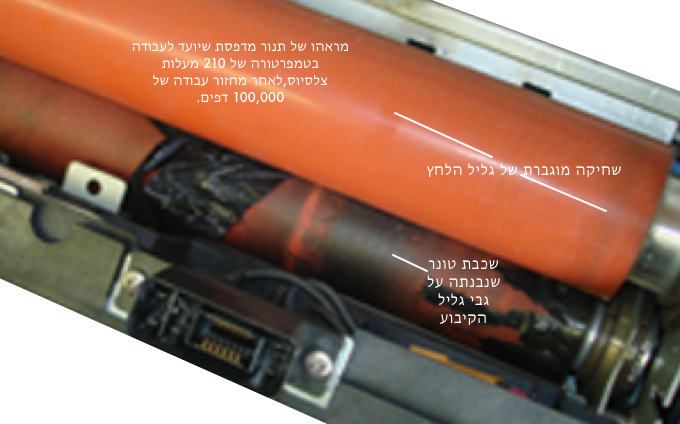 מראהו של תנור מדפסת שיועד לעבודה בטמפרטורות גבוהות לאחר סיום מחזור עבודה בן 100,000 דפים